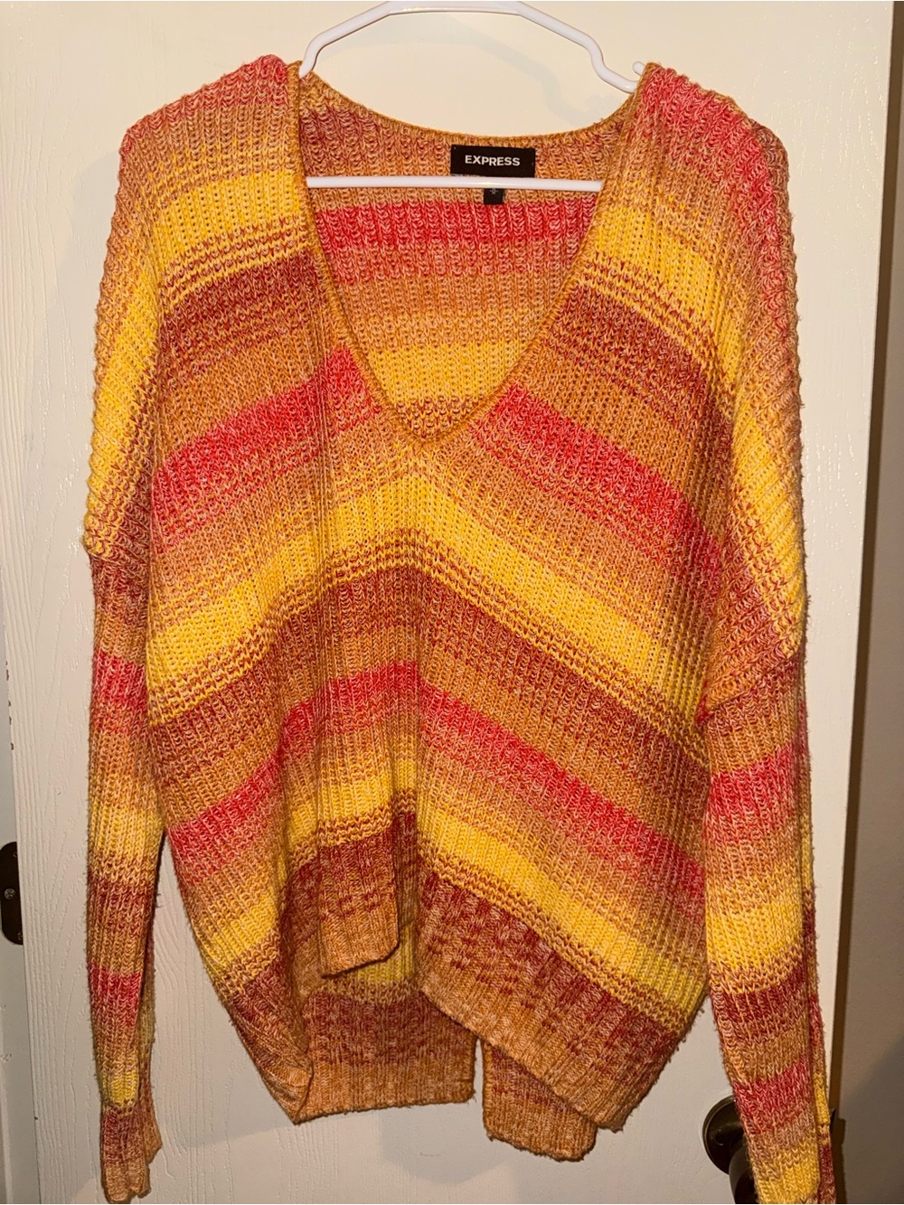 Express V-Neck Striped Knit Sweater in Yellow, Coral and Brown
